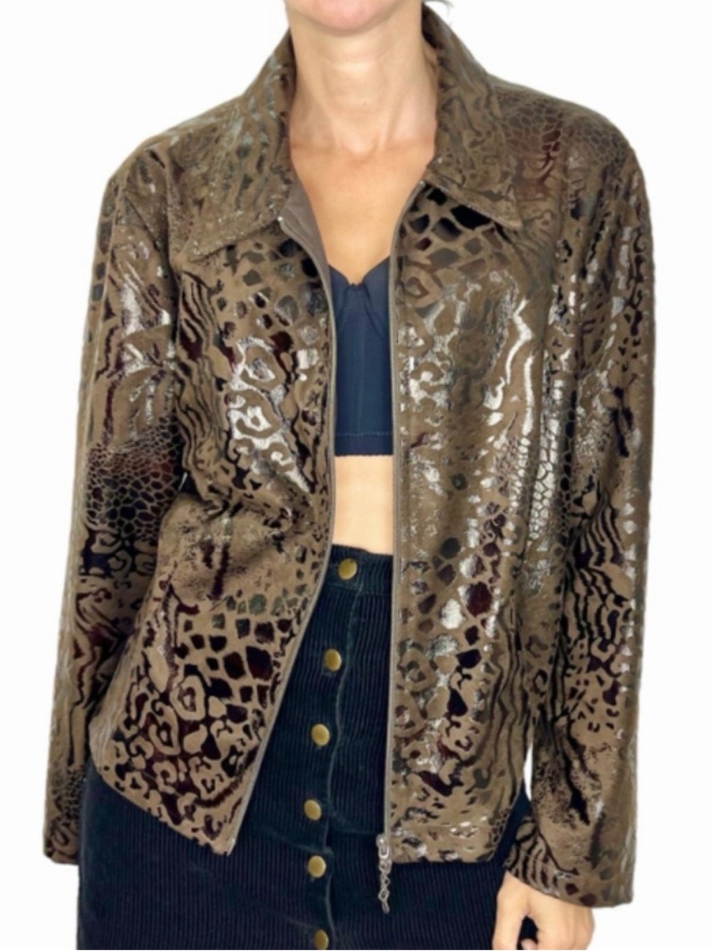 VTG 80s 90s Joseph Ribkoff brown glossy animal print full zip light jacket